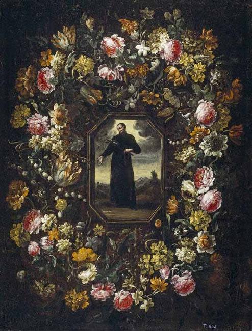 Bartolome Perez Guirnalda de flores con San Francisco de Borja oil painting picture